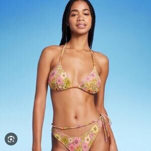 NEW Wild Fable Beaded Triangle Bikini Top Size S Pink Green Floral Metallic NWT